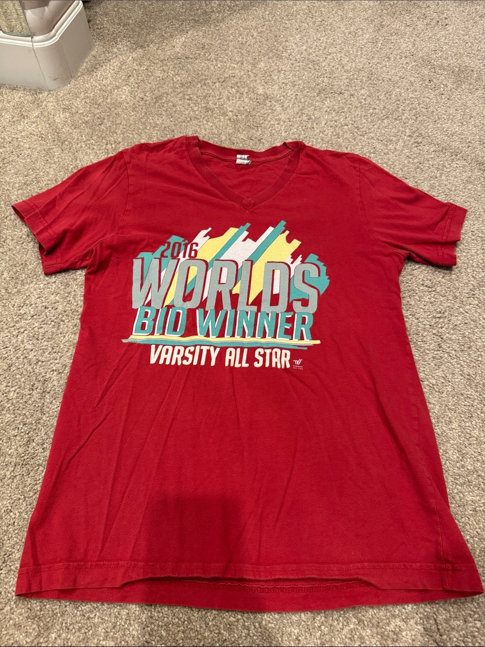Varsity Red V‑Neck 'Worlds Bid Winner' Graphic Tee